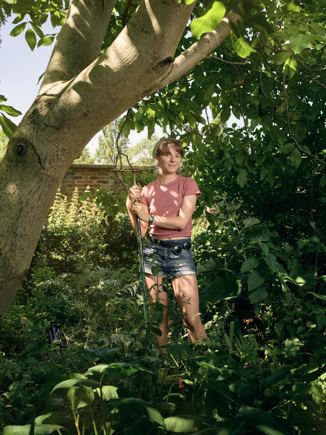 Victoria picking walnuts in the orchard